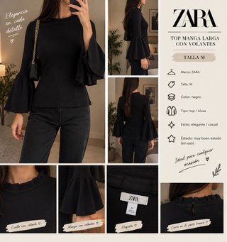Blusa Zara Negra Manga Larga Volantes Talla M