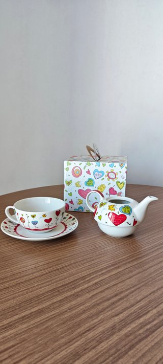 Set Teiera Tazza Piattino Cuori Porcellana