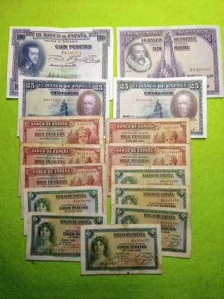 Colección de 15 Billetes Antiguos de Pesetas