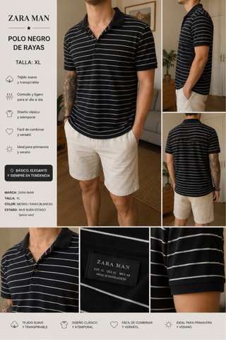 Polo Zara Man Negro Rayas Talla XL
