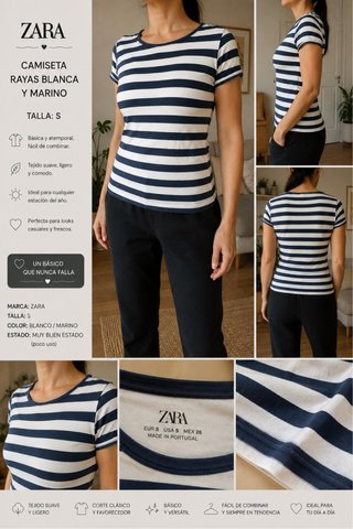 Camiseta Zara Rayas Blanca y Marino Talla S