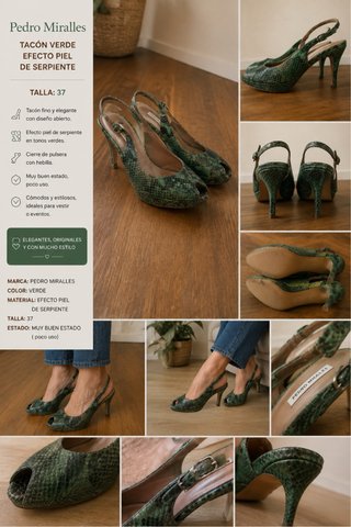 Pedro Miralles Tacón Piel Serpiente Verde Talla 37