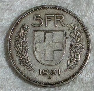 Suiza, moneda 5 francos en plata 1931