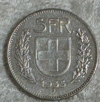Suiza, moneda 5 francos en plata 1935
