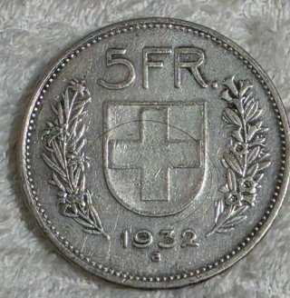 Suiza, moneda 5 francos en plata  1932