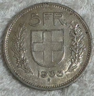 Suiza, moneda 5 francos en plata 1953