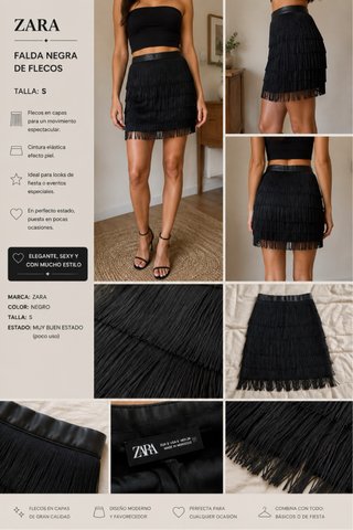 Falda Zara negra de flecos Talla S