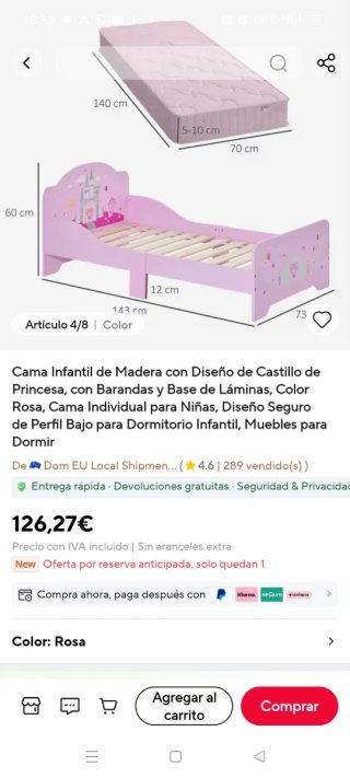 Cama Infantil Princesa Rosa con colchon y sabanas