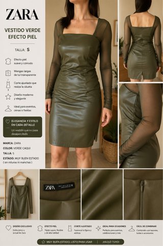 Vestido Zara Verde Efecto Piel Talla S