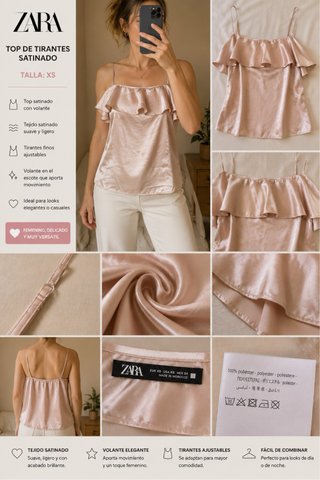 Top Zara Satén Tirantes Volante Talla XS