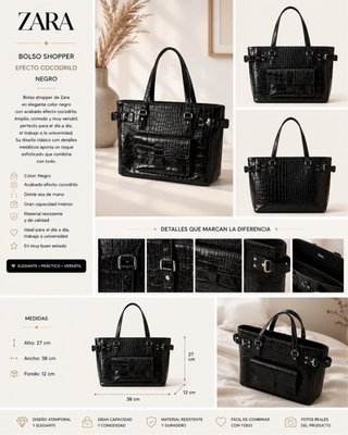 Bolso Shopper Zara Efecto Cocodrilo Negro