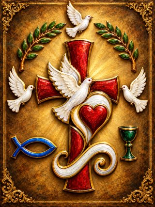 Arte Cruz Sagrada Palomas Corazón Cáliz