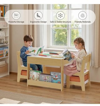 Mesa y 2 sillas infantiles madera con cajones