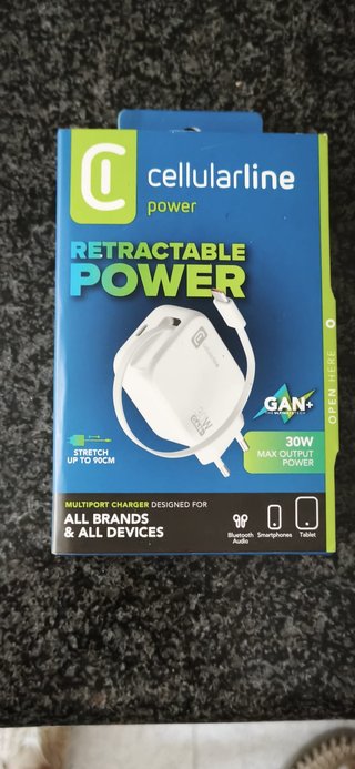 Cargador Cellularline 30W USB-C Retráctil 65 wat.