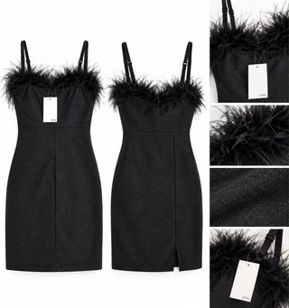 Vestido corto negro con detalle de plumas