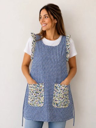 Estola azul cuadros con volantes y bolsillos