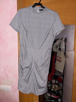 Vestido Zara Gris Cuadros Ruched