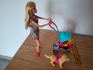 Muñeca Barbie con carrito y mascotas