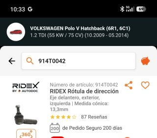 Rótula de dirección RIDEX para VW Polo 6R