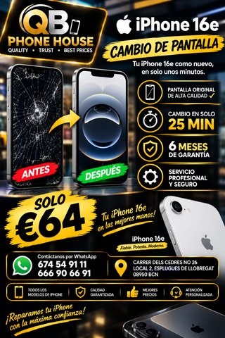 Cambio de pantalla iPhone 16e – Solo 64 €