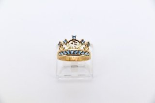ANILLO GRANDE CORONA 15 CIRCONITAS AZULES. Oro 18k