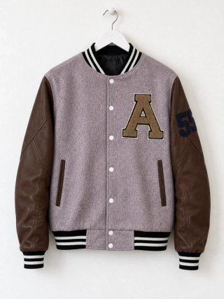 Chaqueta universitaria lila marrón parche A M