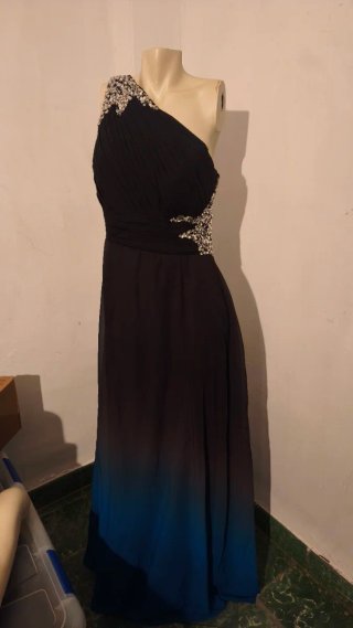 Vestido fiesta largo asimétrico negro y azul