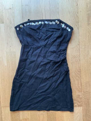Vestido Zara negro palabra de honor lino nácar XS