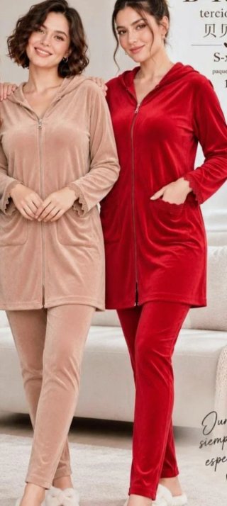 Conjunto pijama terciopelo mujer Coral y rosa palo