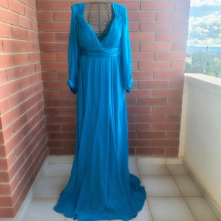 Vestido fiesta largo azul manga larga