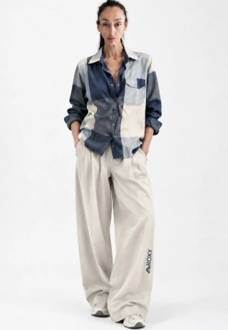 Camisa Roxy cuadros beige y azul