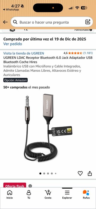 Adaptador USB Bluetooth para Coche UGREEN