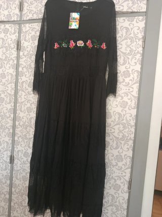 Vestido Desigual Negro Encaje Bordado Talla XL