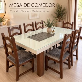 Mesa de comedor cristal madera oscura y 8 sillas