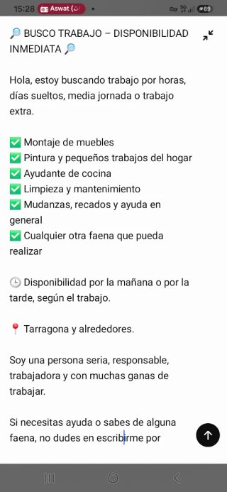 Hola, estoy buscando trabajo por horas, días suelt
