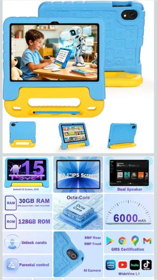 Tablet per Bambini da 10 Pollici SUMTAB Android 15 con 30GB RAM 128GB ROM (espandibile a 2 TB), Controllo Parentale, Schermo IPS HD, GMS Certified, 5G WiFi 6, Protezione Antichoc Eva & Stilo