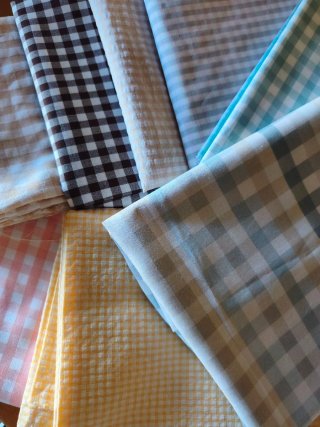 4 Telas Cuadros Vichy, marrón, beige, amarillo...