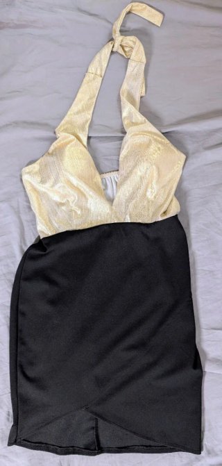 Vestido Corto de Fiesta Halter Dorado Negro Brillo