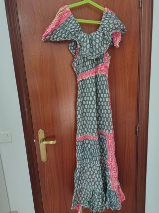 Vestido Largo Estampado Gris y Rosa