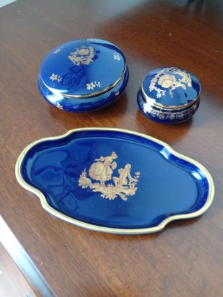 Set 3 pezzi Limoges blu e oro