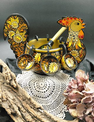 Set Vintage Khokhloma Legno Dipinto Mano