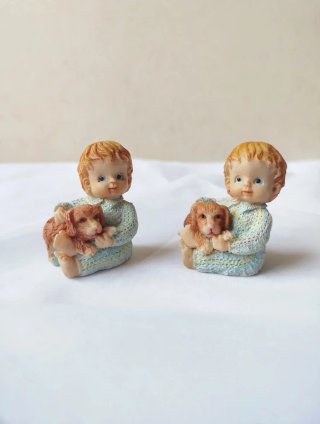 Coppia statuine vintage bimbi con cagnolino