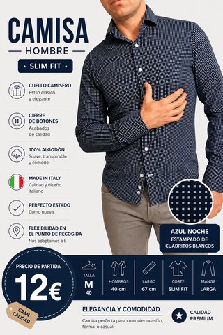 Camisa Slim Fit Azul Estampada Talla M