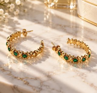 Pendientes Aros con Esmeraldas y Oro 18k