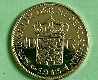 Moneda 10 Gulden Reina de Holanda 1913