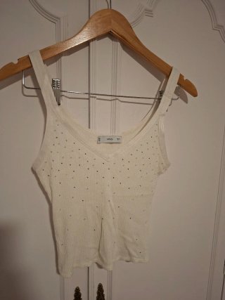 Top Mango Blanco Tirantes Brillante Talla S
