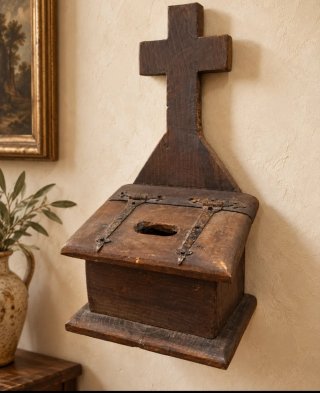 Limosnero de madera con cruz