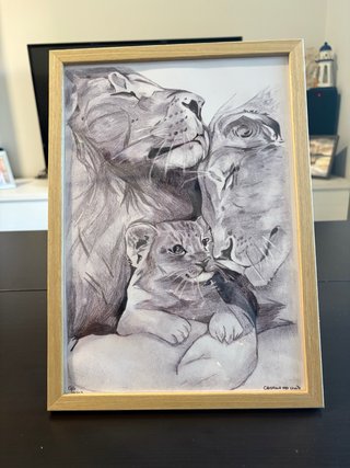 Lámina original dibujo grafito leones A4