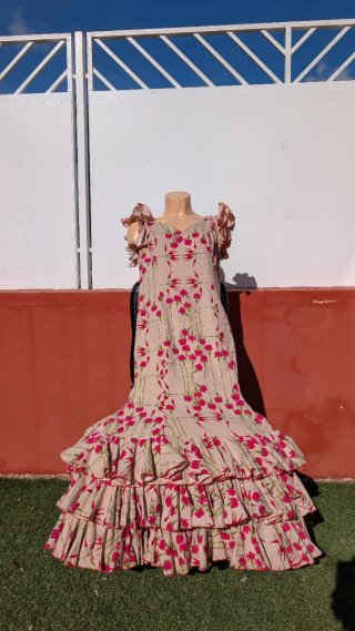 504 Vestido Sevillana volantes beige y rosa M