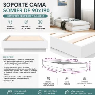 Base Cama + Somier Madera 90x190